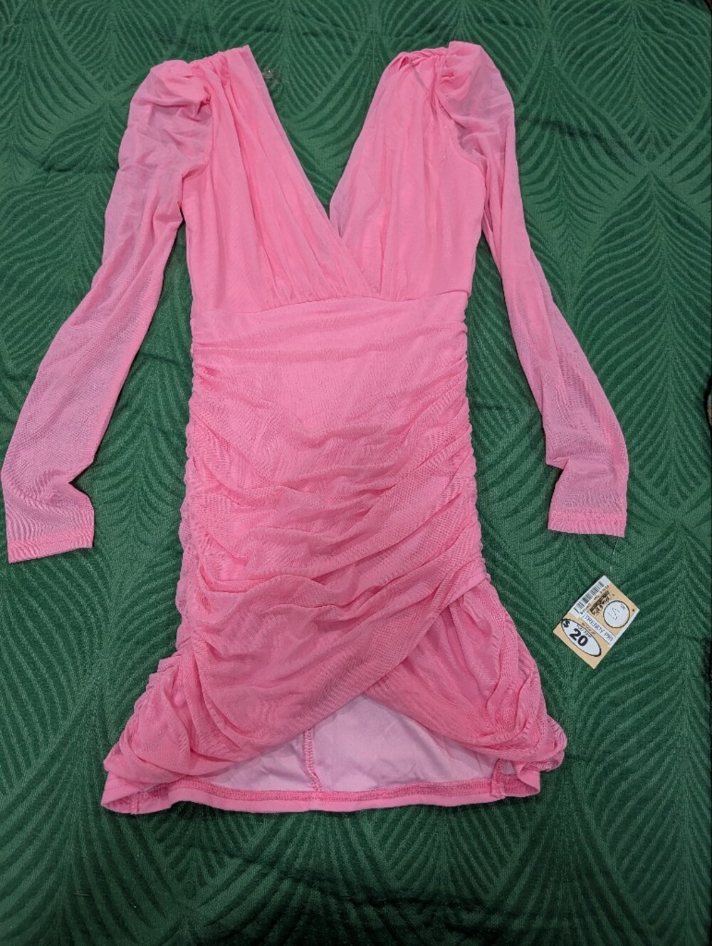 Pink Ruched Long-Sleeve Mesh Dress